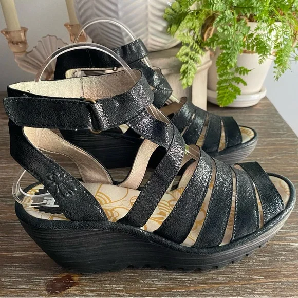 FLY LONDON Yeba Black Suede Ankle Strap Wedges Shoes Womens EU38 US 7.5 - 8 - Picture 2 of 13